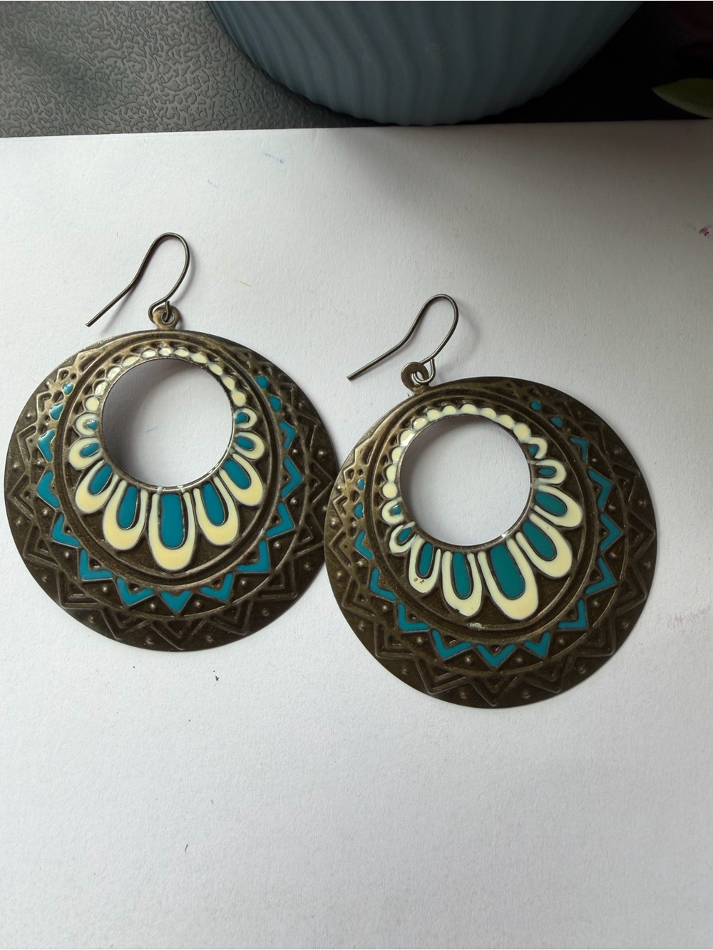 Bohemian Teal & Cream Round Drop Earrings